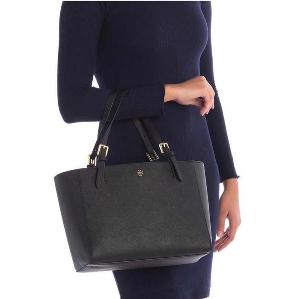TORY BURCH Black Saffiank York Buckle Tote Bag Shoulder Purse